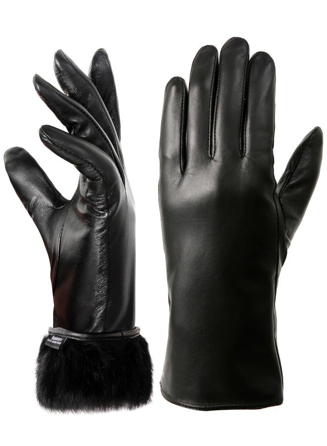 VIKIDEER Super Warm Fur Lined Leather Gloves for Women Winter Gloves Touchscreen Texting Driving Black Large - Image 1